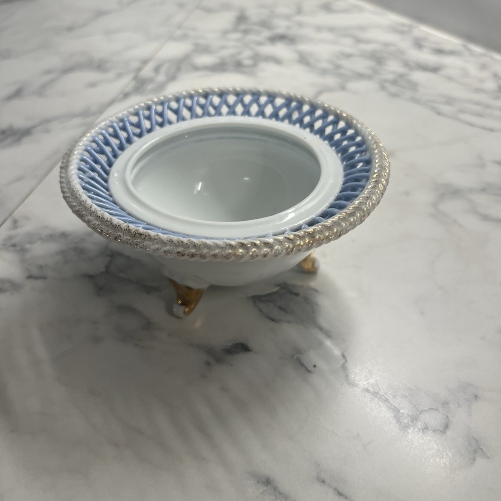 Vintage Reticulated Porcelain Footed Bowl Lattice Cut Out Blue Gold Trim